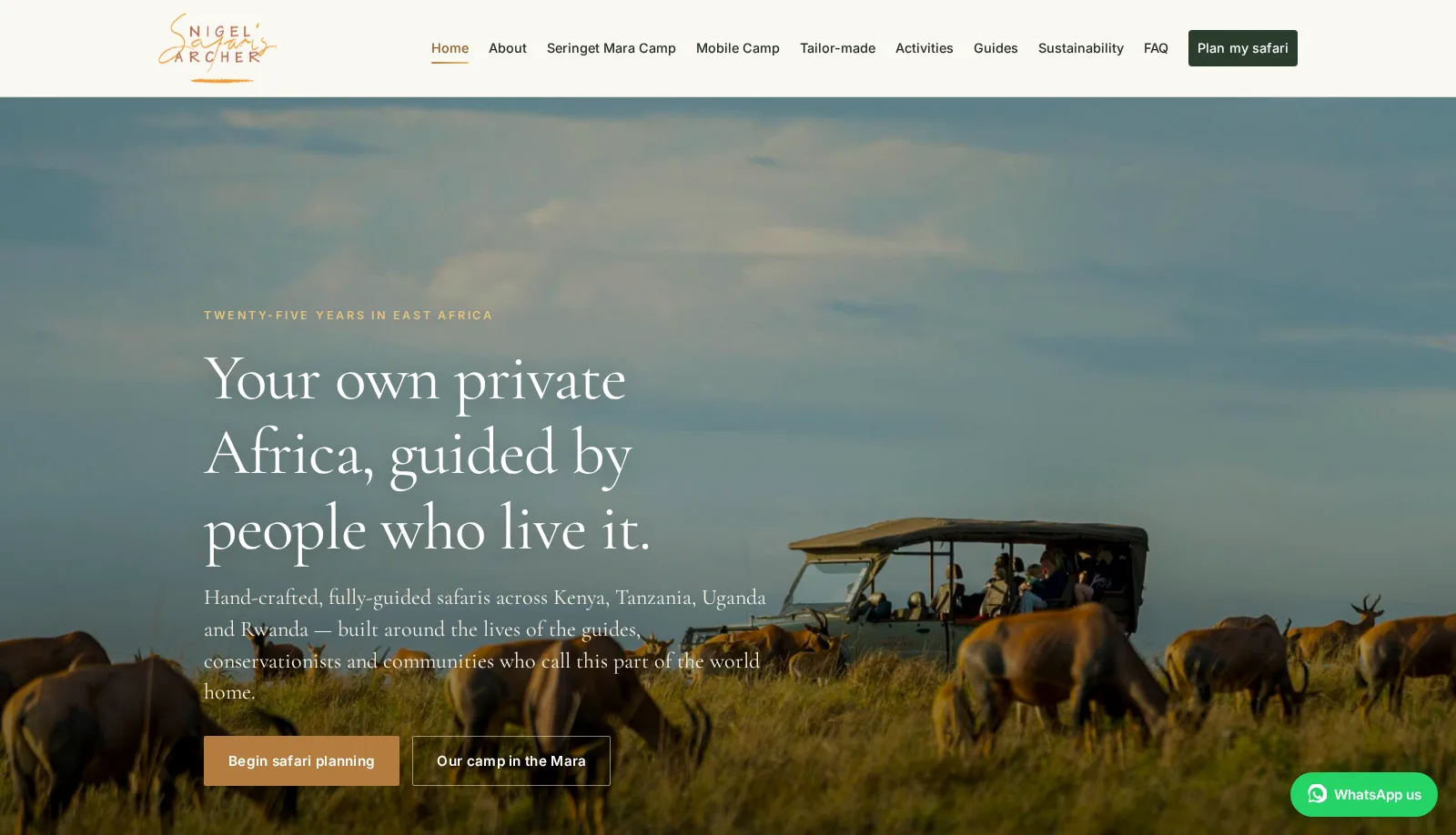 Nigel Archer Safaris — screenshot of the live platform